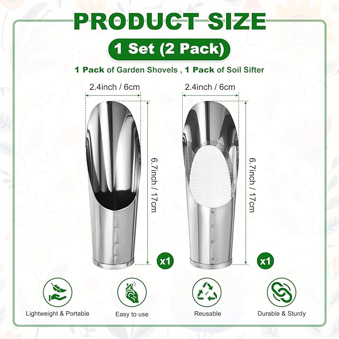 M METERXITY 1-Set Bonsai Soil Scoops, 2.4inch/6cm Stainless Steel Garden Soil Scoop Bucket Shovels and Soil Sifter for Transplanting/Flower Planting, Small Gardening Tool [Silver Tone]