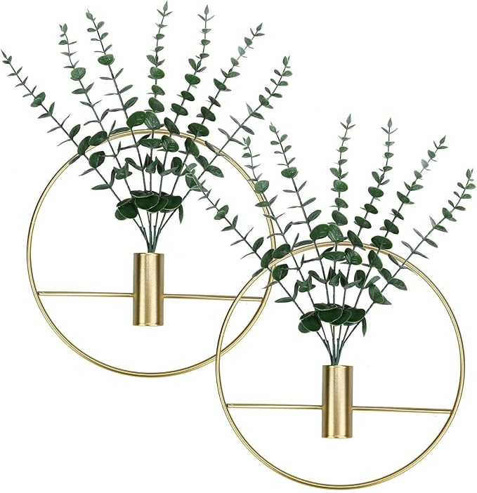 GREENTIME 2 Pack Hanging Plants Faux Eucalyptus with Gold Round Metal Hanging Vase for Teacher Appreciation Living Room Bedroom Boho Kitche Wall Shelf Outdoor