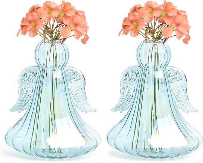 XXXFLOWER Angel Glass Vases Hanging Plant Propagation Station Unique Blue Angel Wings Nature Decor Vintage Style Glass Bottles with Angel Ornament Indoor Plant Terrarium Window Sill Home Wedding Decor
