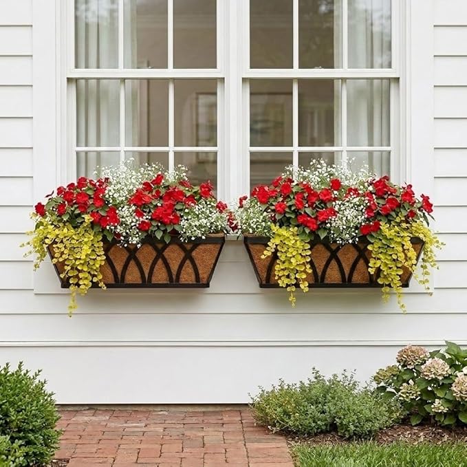 24 Inch Window Box Planter with Coco Liner for Hanging Outdoor Plants, 2 Pack Railing Planter Boxes with Adjustable Brackets for Balcony Deck Porch & Patio Garden Decor, Black