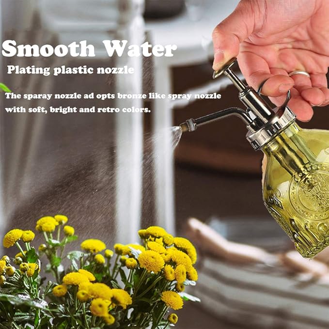 Plant Mister Glass Spray Bottle Small Plant Watering Can 6.4" Tall Retro Indoor Watering Can Bronze Plastic Top Pump for Garden Indoor Plant Sprayer