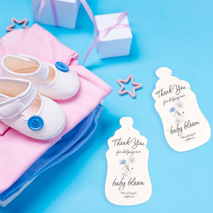 15pcs Blue Baby Bottle-Shaped Gift Tags with Wildflower Seeds - Writable Gift Wrap Tags for Baby Showers, Mother's Day Present, Party Favors, DIY Crafts, & Earth Day Decorations