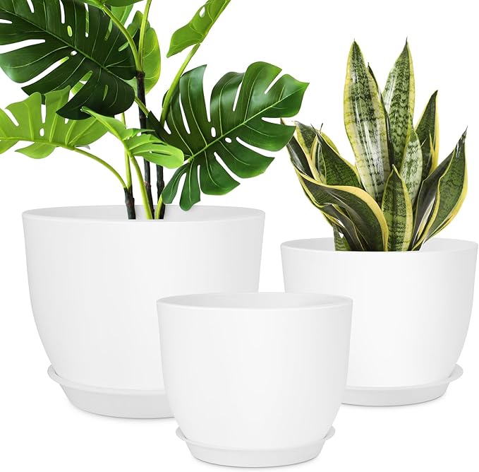 YNNICO Plant Pots 12/10/9 inch Set of 3, Flower Pots with Multi Mesh Drainage Holes, Large Planters for Indoor Outdoor Garden Plants and Flowers. (White)