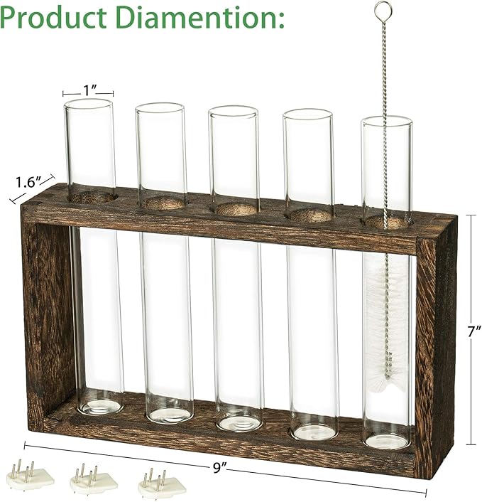 Kingbuy Wall Propagation Station with 5 Test Tube Vases - Vintage Wood Stand Wall Hanging Planter for Plants, Tabletop Terrarium Windowsill Decor Kitchen Herb Garden Accessory, Brown