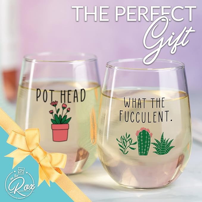 Succulent Cactus Gifts for Women - Set of 2 Funny Wine Glasses 15oz - Plant Lover Gift Mug - What the Fucculent - Pot Head Crazy - Plant Lady Wine Glass Tumbler - Custom Stemless Wine Glasses