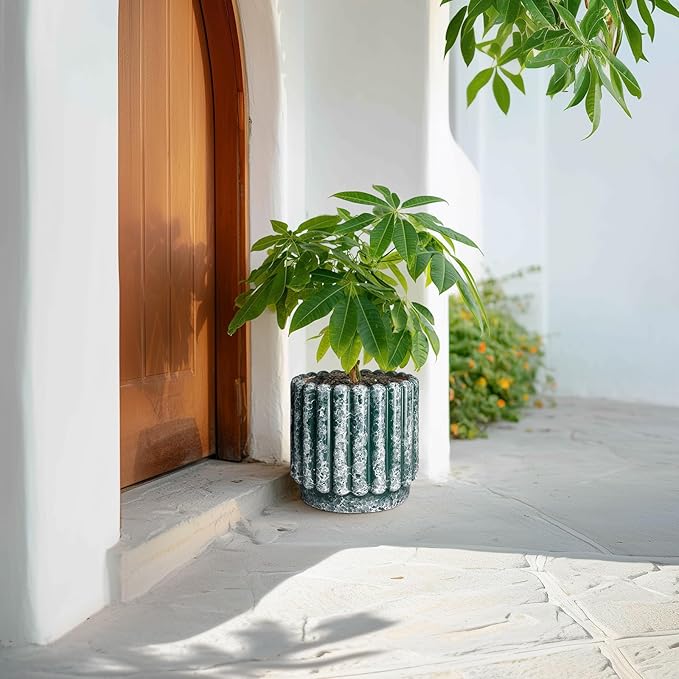 Ceramicfor Ceramic Pots for Plants - 9.6 Inch Plant Pot Indoor with Drainage Hole, Large Ceramic Planters for Outdoor, Fluted Round Flower Planter, Home Decor Living Room, Birthday Gifts, Green