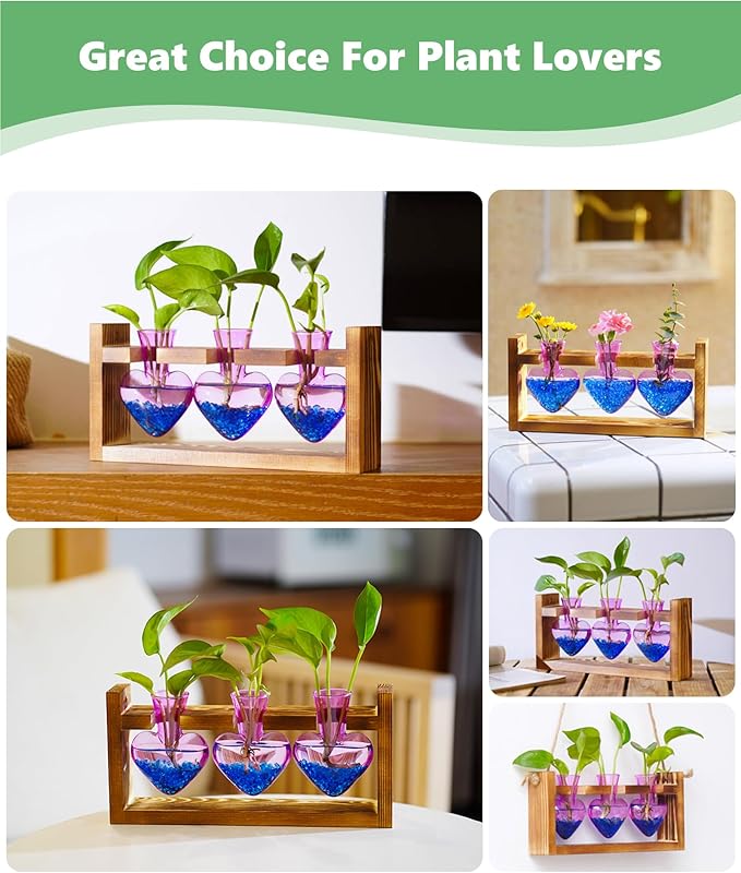 Nacome Plant Terrarium Propagation Stations: Mothers Day Gifts for Mom Plant Lovers Women Wife Daughter - 3 Bulb Glass Vase with Wooden Stand Tabletop for Hydroponics Home Garden Decor(Purple)