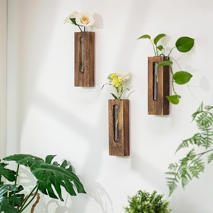 Wall Hanging Plant Propagation Station: Wood Farmhouse Wall Decor for Livingroom Kitchen - Hanging Glass Planter Tubes for Indoor Dried Flowers Eucalyptus Gifts for Women Plants Lovers