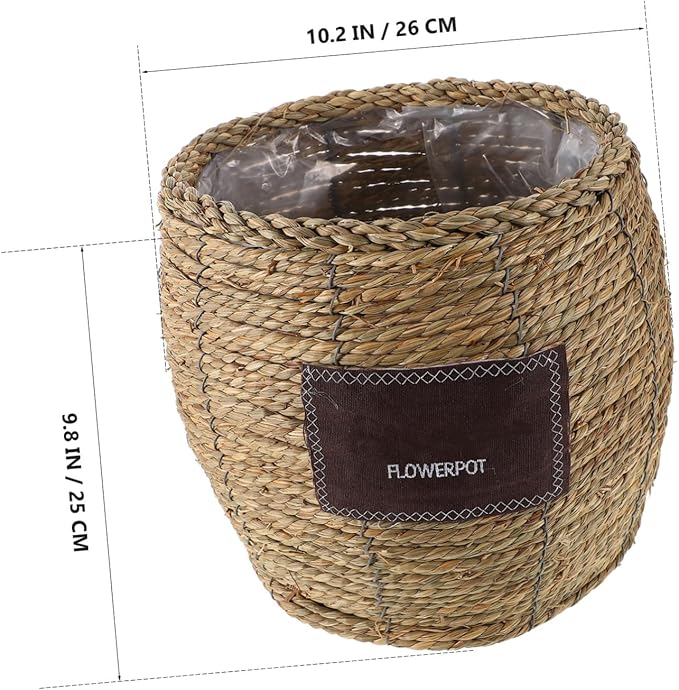 Woven Rattan Flower Basket Planter for Indoor Outdoor Plants, Medium Belly-Shaped Straw Storage Basket with Natural Seagrass, Decorative Plant Pot for Garden and Home Use