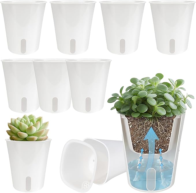 10 Pack 3 Inch Self Watering Pots for Indoor Plants, White Plastic Planters with Water Level Indicator, Drainage Holes & Wick, Small Plant Pots for Cuttings, Seedlings, Herbs, African Violets