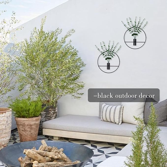 GREENTIME 2 Pack Hanging Plants Faux Eucalyptus with Black Round Metal Hanging Vase for Teacher Appreciation Living Room Bedroom Boho Kitche Wall Shelf Outdoor
