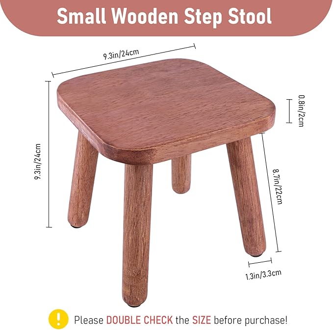 9.3 Inch Small Wooden Step Stool for Adults, Solid One Step Wood Stools Holds up to 300 Lbs, Square Plant Stand Sitting Stool Footstool for Kitchen Bathroom Living Room
