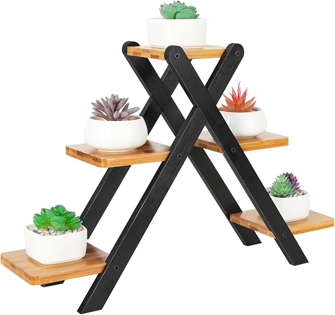 Jotsport Multi-Tier Bamboo Plant Stand for Mini Succulents Windowsill Plant Shelf Tabletop Kitchen Small Planter Pots Display Stand