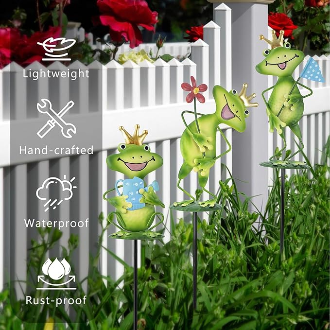 3 Pack Metal Garden Stakes, 14.2" Frog Garden Stakes for Spring Decor, Metal Yard Art for Outdoor & Outside Lawn Patio Pathway Decoration