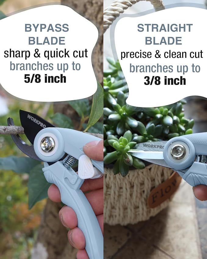 WORKPRO 2-Pack 6.9" Garden Pruning Shears, Bypass & Straight Gardening Scissors with SK5 Steel Blade, Handheld Garden Floral Clippers for Rose, Plants, Flowers, Gardening Gifts for Women & Men, Blue