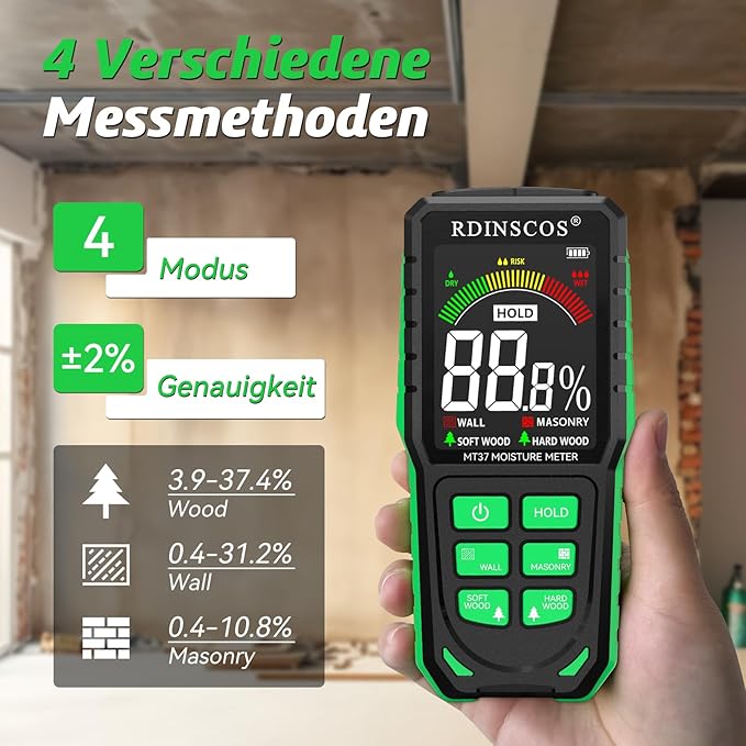RDINSCOS Pinless Moisture Meter for Wall Rechargeable Damp Meter with Color Display and Audible Alarm,Non-Destructive Moisture Detector for Wall,Masonry,Wood,Building Material