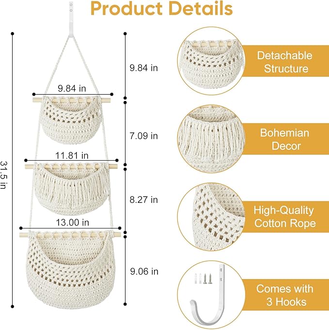 Boho Style Handwoven Rope Hanging Basket - 3-Tier Detachable Storage Organizer for Kitchen/Bathroom/Entryway, 3 Included Heavy-Duty Hooks, 7 Color Options Available (Green)