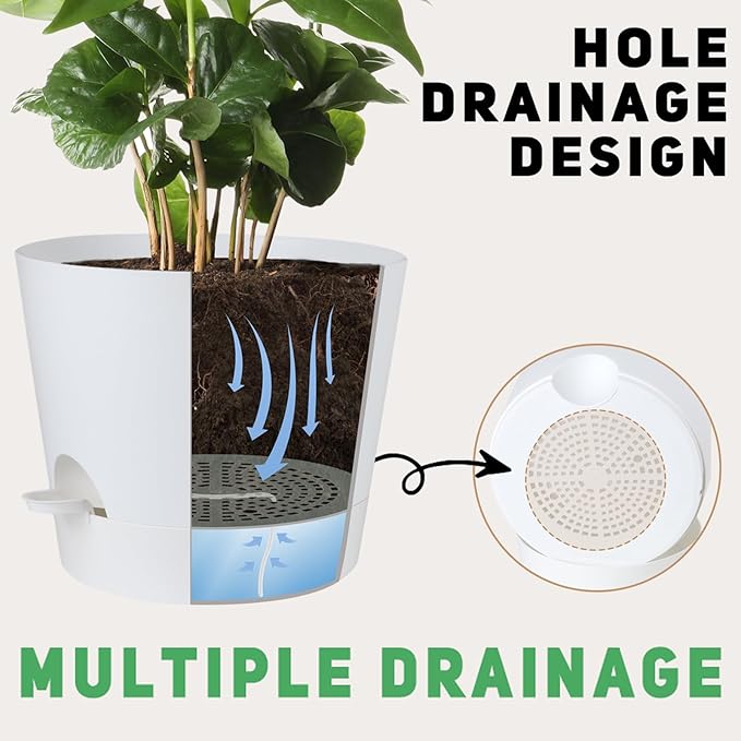 YNNICO 12 Inches Indoor Self Watering Planters with Drainage Holes and Saucers, 4 Pack (White)