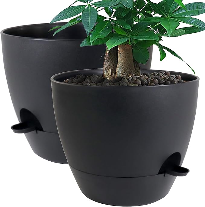 UOUZ 12inch 2Pack Large Self Watering Planters, Plastic Plant Pots with 60oZ Removable Deep Reservoir and Multi Mesh Drainage Holes for Indoor Outdoor Garden Plants and Flowers, Black