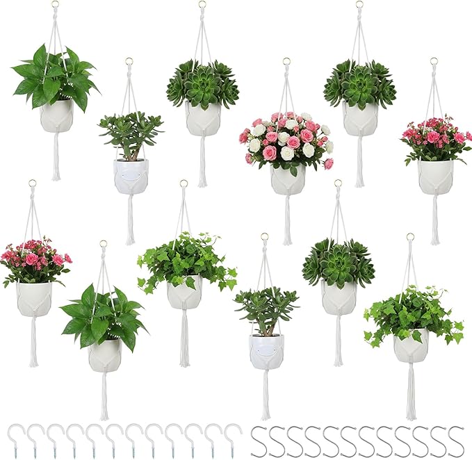 12 Pcs Macrame Plant Hanger, Indoor Hanging Planters for Indoor Outdoor Plants with 12 S Hooks and Hook Nails, Hanging Plant Holder 43" Boho Hangings Baskets for Home Decor, Ivory