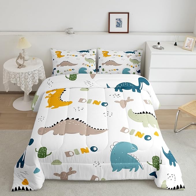 Feelyou Cute Dinosaur Comforter Set Cartoon Cactus Bedding Set Decor Jungle Dino Boho Succulent Comforter Wild Animal Pattern Yellow Grey Duvet Set Bedroom Quilt Set 3Pcs Queen