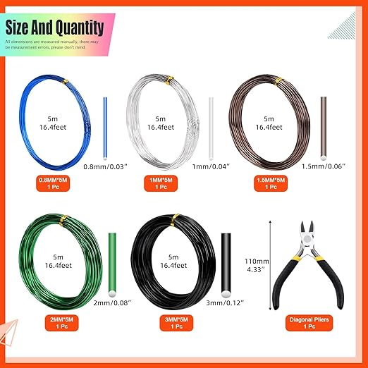 Tanstic 6Pcs Bonsai Training Wire Kit, 0.8mm, 1mm, 1.5mm, 2mm, 3mm 82 Feet Total Aluminum Bonsai Wires with Wire Cutter for Bonsai Trees Indoor(16.4 Feet for Each Roll)