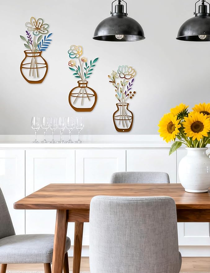 3 Piece Metal Flower Wall Decor Set - Rustic Colorful Flowers Wall Art with Butterfly and Berries, Farmhouse Metal Wall Art for Bathroom, Kitchen, Living Room, Bedroom - Modern Home Decorations Walls Hanging Sculptures Housewarming Gift