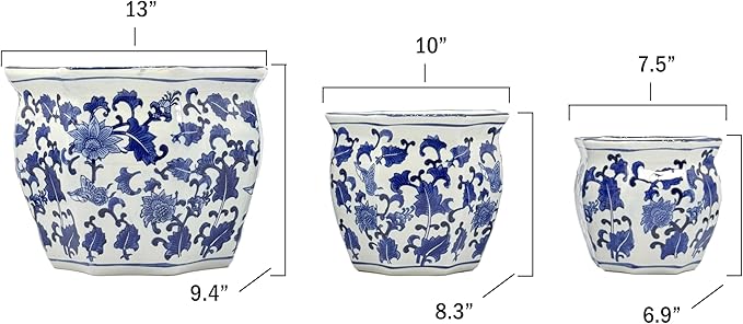 Galt International Blue & White Round Fluted Floral Porcelain Ceramic Plant Flower Planter Pot Set of 3 (7.5", 10", 13") Garden Pots Chinese Asian Design