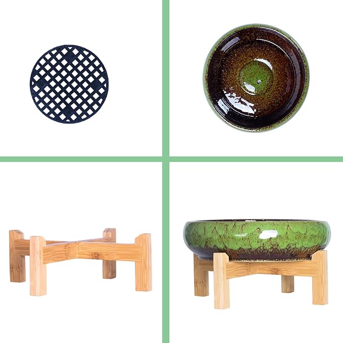 Succulent Planters, Large Succulent Pots with Drainage Bamboo Trays Colorful Bonsai Pots with Stand Ceramic Flower Pot Set of 2, Round Cactus Pot for Indoor Plants (7.3 and 10'')