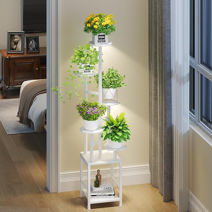 Homsorout Plant Stand Indoor with Grow Light, 6-Tiered Tall Plant Stand Indoor, Metal Plant Shelf with Hanging Basket Hook and Adjustable Light, Ideal for Living Room, Garden, Round Patio white
