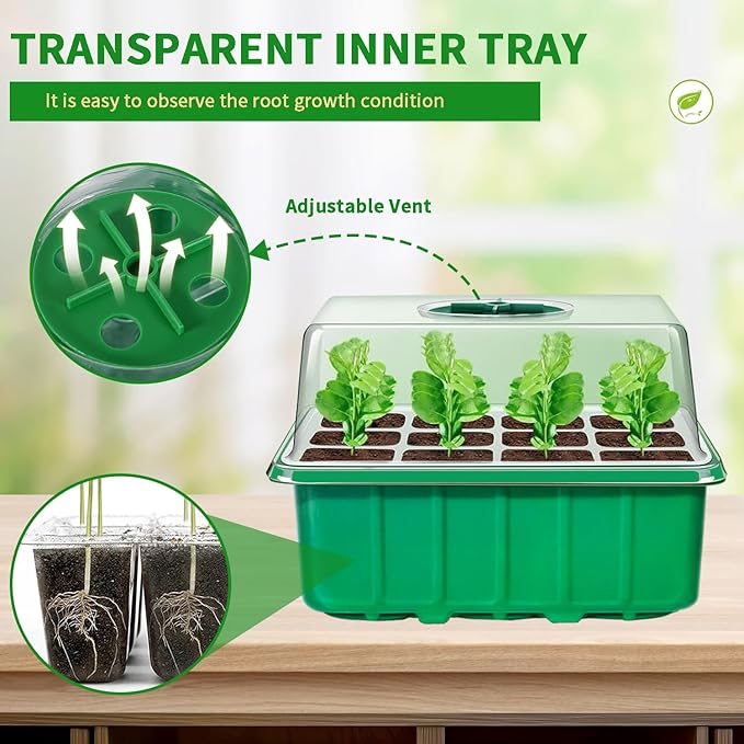 60-Cell Seed Starter Tray, 5 Pack – Cells Plant Grow Kit with Humidity-Vented Domes and Base for Organic Seed Germination, Ideal Plant Starter Kit with Labels & Transplant Tools