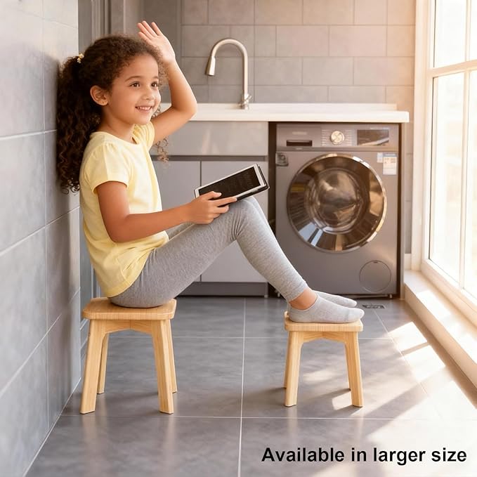Small Wooden Step Stool for Kids – Mini Toddler Stool to Sit or Stand – Anti-Slip Bamboo Stool for Bathroom Sink, Potty Training & Kitchen