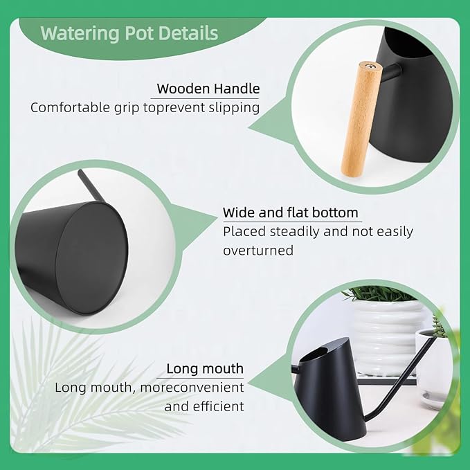 800ml Indoor Watering Can with Long Spout,28oz Capacity, Black Metal with Wood Handle (Black-Z2)