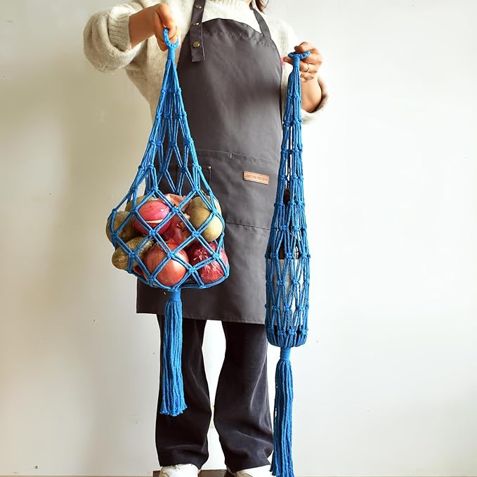 2 Packs Bohemian Macrame Hanging grocery bag, handmade storage breathable hanging bag for Onion/fruit/patato/tamato, Cotton Net Storage Holder, kitchen hanging organizer Blue