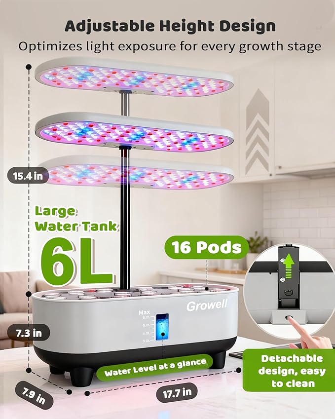 Growell Hydroponics Growing System Kit, 16 Pods, Vertical 8L Indoor Gardening System for Herb Vegetable Fruit, Hydro Garden with LED Grow Light, Smart Water Circulation, 3 Light Modes & 2 Timer, Gray