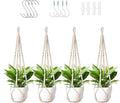 LEWESU Macrame Plant Hanger Indoor Set of 4 with 8 Hooks, Indoor Outdoor Hanging Planter for Plants Holder with Decorative Wood Beads & No Tassels, Boho Home Decor, 35 Inch Ivory (Pots Not Included)