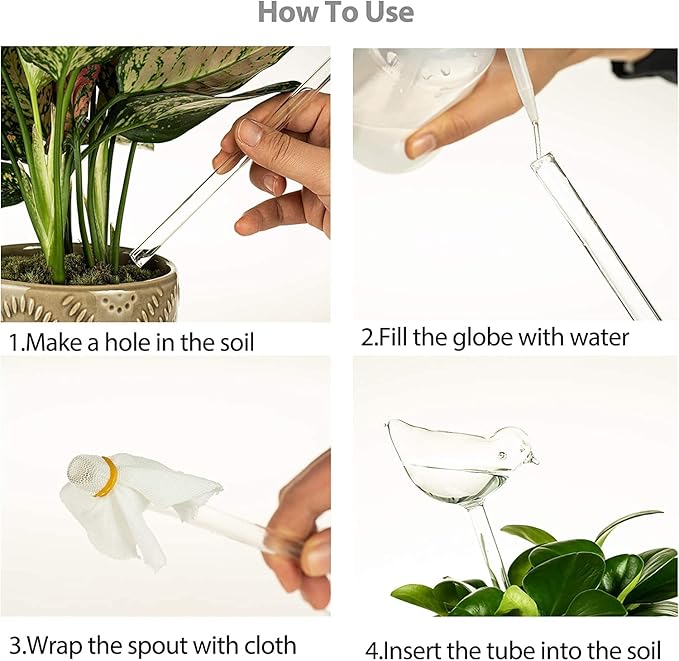 Kingbuy Self Watering Globes Plant Waterer Device Bird Shape Hand Blown Clear Glass Bulb for Indoor or Outdoor Plants, 4 Pack