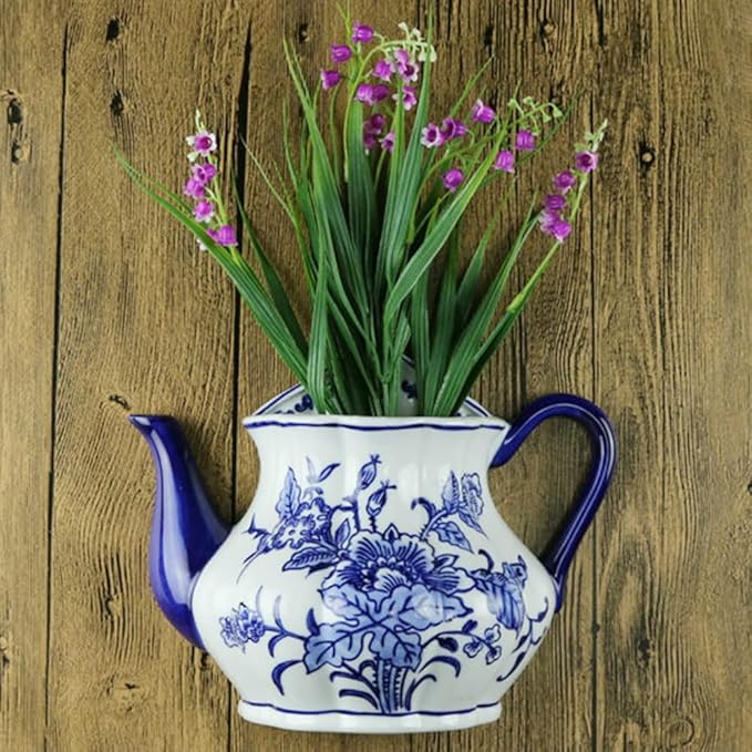 Blue & White Porcelain Wall Vase,Water Bottle Shape Hydroponic Vase Wall Planter for Indoor, Outdoor (D)