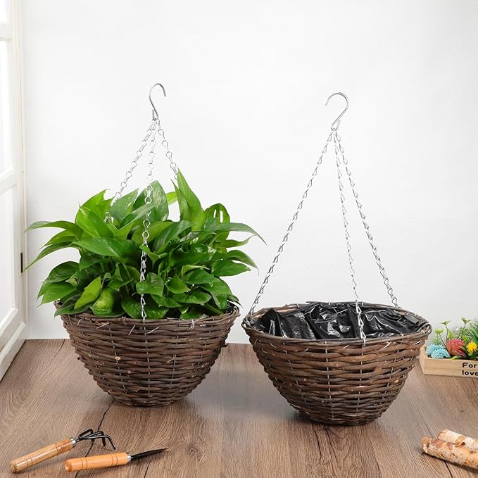 Hemoton Rattan Hanging Basket for Plants Seagrass Hanging Planters Indoor Outdoor Plant Flower Pots Woven Straw Planter Ceiling Flower Pots for Garden Home Decoration 2pcs