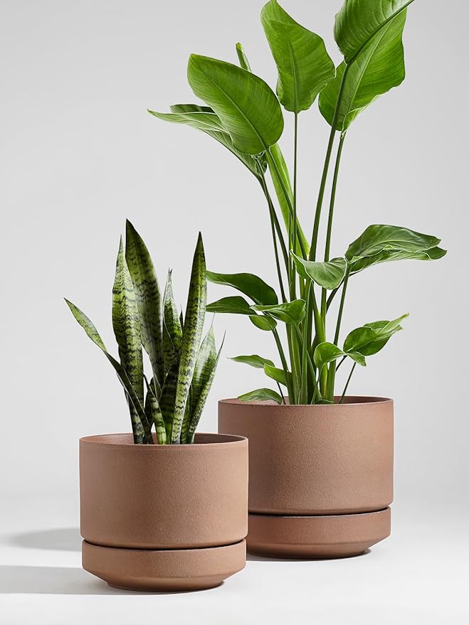 LE TAUCI 12 Inch Pots for Plants with Saucer | Ceramic Outdoor & Indoor Planter Pot for Plants | Drainage Hole, Mesh Pad | Unglazed Porous | Modern for Home, Office and Patio – Terracotta Color