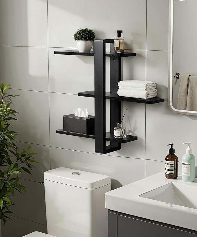 SUMGAR Black Floating Shelves for Wall Mounted Shelving Unit All Pine Wood 3 Tier Large Shelf for Bedroom Living Room Office Bathroom Home Decoration Storage Plant Photo Display Modern 20in