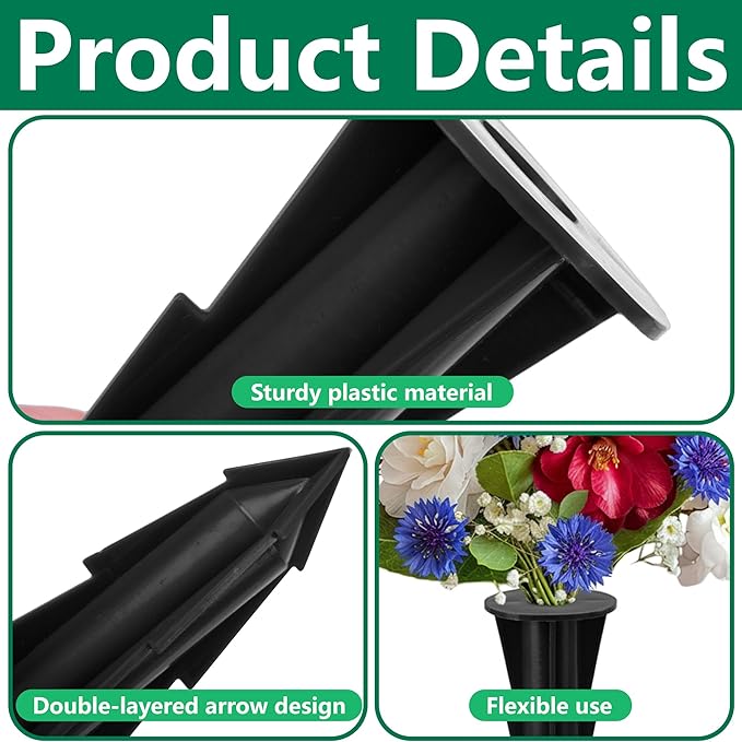 12 Pcs Memorial Artificial Flower Holder, Patio Garden Floral Ground Spikes, Cemetery Flower Container Stakes for Outdoor Yard Grave Faux Flowers Indoor Window Box Planter Pot (Black)