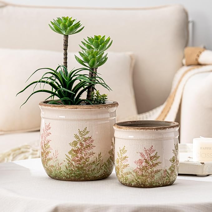 SURE YUESI Vintage Pink & Green Ceramic Planter Set of 2, 4.7” & 5.7” Rustic Flower Pots for Indoor Plants, Decorative Home & Garden Plant Pots