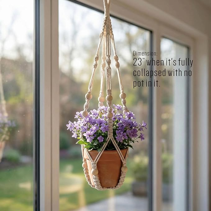 Macrame Plant Hanger 23", Set of 2 No Tassel Hanging Plant Holder Indoor, Sturdy Flower Pot Holder with 4 Hooks - Ivory (Pot NOT Included)