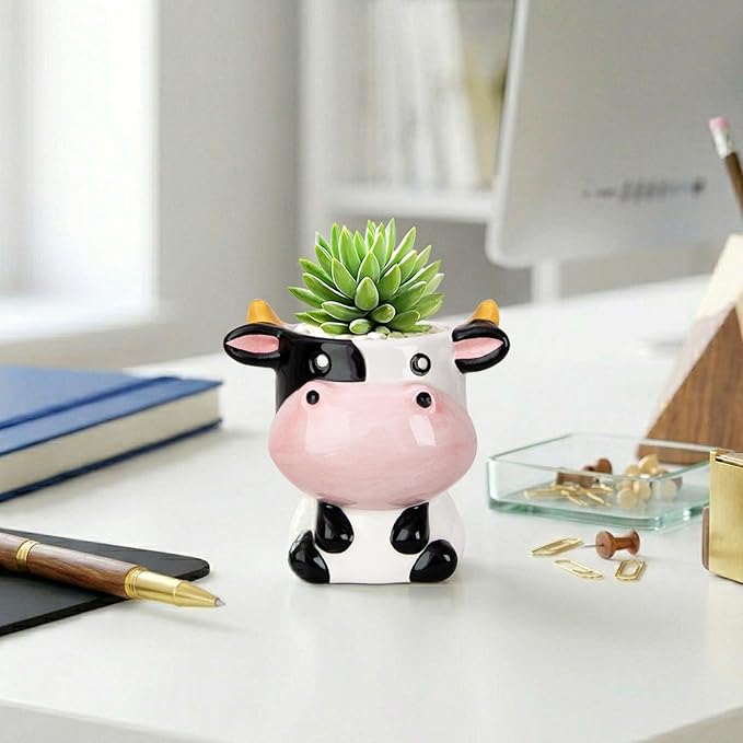 Cute Cow Animal Ceramics Planter Succulent Pot with Drainage, Plant Pot for Indoor Mini Plants Flower Cactus, Home and Garden Decor Fun Gifts