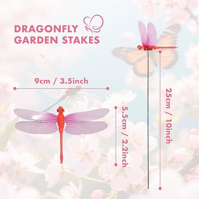 25 Pcs Dragonfly Garden Stakes, 3D Plastic Dragonfly Ornaments, Waterproof Outdoor Decor with 5 Colors for Yard, Patio & Indoor Plants