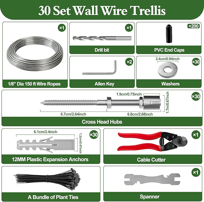 SPECILITE Wire Trellis for Climbing Plants Outdoor, 30-Set T316 Stainless Steel Wall Trellis Kit, 1/8in x 150ft Ropes with Cable Cutter, Espalier System for Fence Wall and Garden DIY