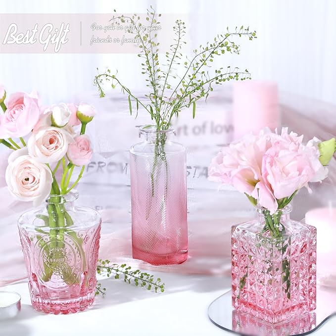 TBWIND Pink Glass Bud Vase Set of 24, Small Flower Vases for Centerpieces in Bulk, Mini Vintage Vase for Wedding Decor, and Home Table Décor