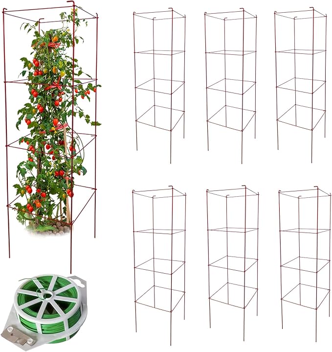 Thealyn Tomato Cages 6 Packs 46 Inch (H) Plant Stand with 164 Feet Twist Ties, Heavy Duty Garden Plants Support for Tomatoes, Cucumber, and Other Climbing Plants (Red)