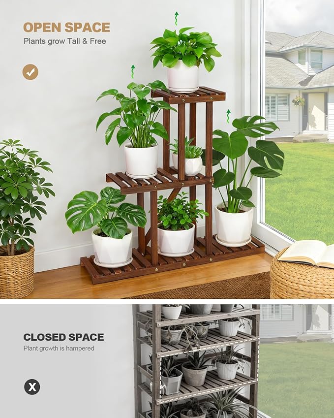 3 Tiered Narrow Wooden Indoor Plant Stand Shelf for Multiple Plants, Corner Flower Stand Shelf Outdoor , House Floor Plant Holder Rack for Living Room Balcony Patio Garden Office,Rustic,Space Saver